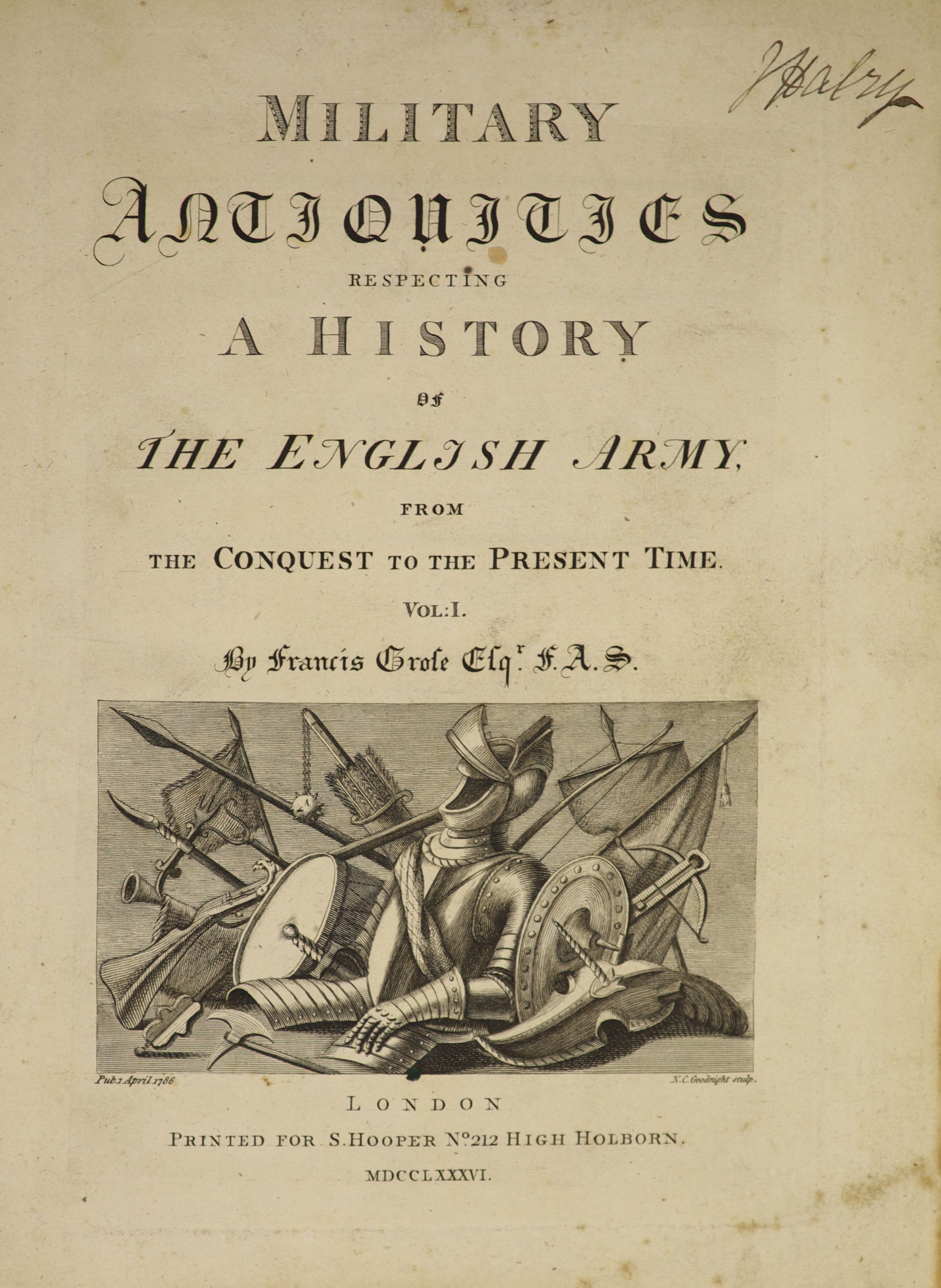 Grosse, Francis - Military Antiquities respecting a History of the English Army ... 2 vols. num. engraved plates: newly rebound green half morocco and cloth, panelled spines